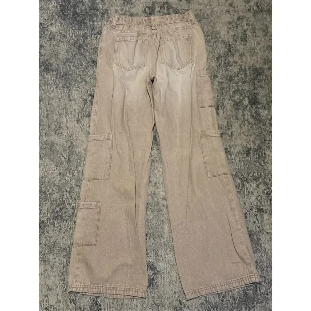 Justice Girls Beige Wide-Leg Cotton Denim Cargo Jeans w/ Pockets; Size 16